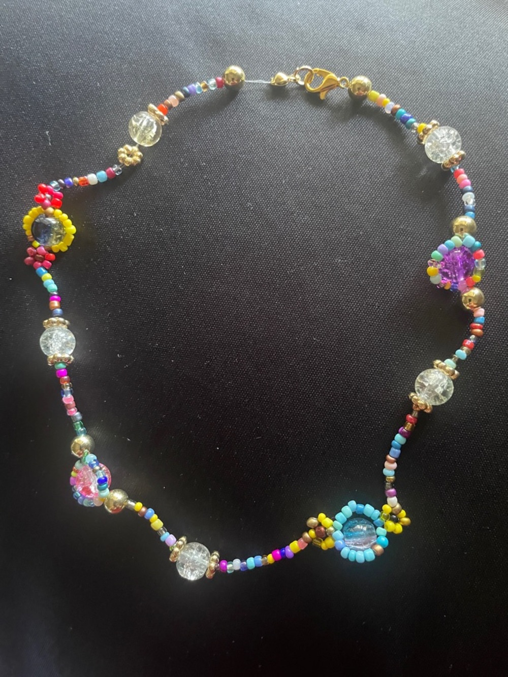 Handmade Multicolor Seed Bead Sunflower Necklace with Gold Accents